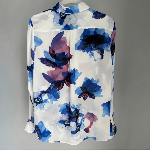 Banana Republic Sheer Floral Chiffon Button Up Blouse Blue White Women S - Picture 5 of 8